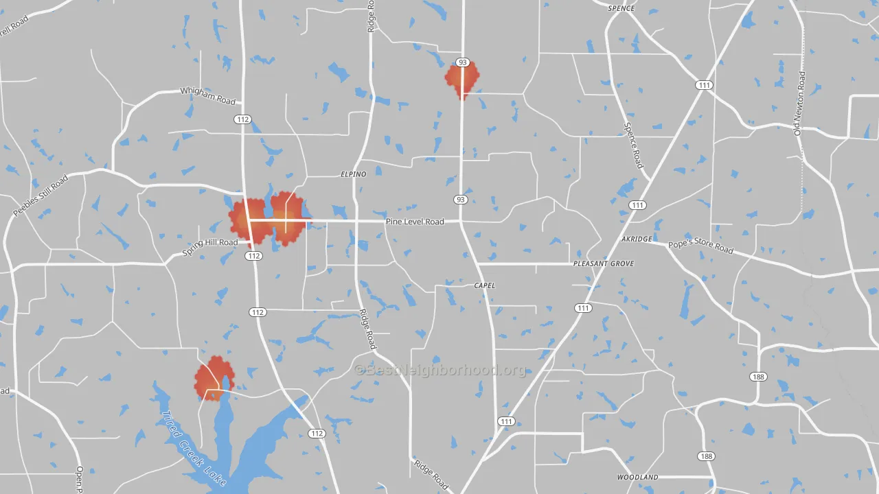Walk Grade map of Capel, GA, walkable areas in green and car-dependent areas in red