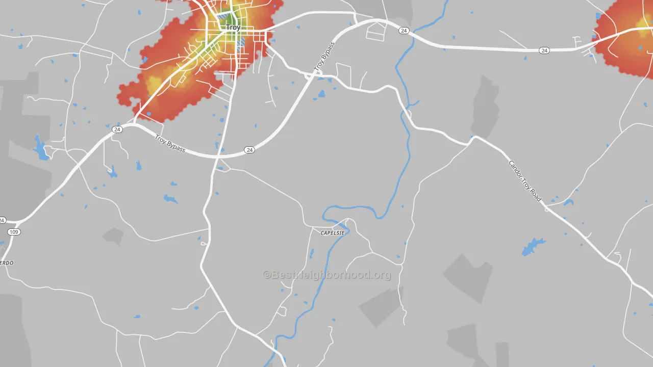 Walk Grade map of Capelsie, NC, walkable areas in green and car-dependent areas in red