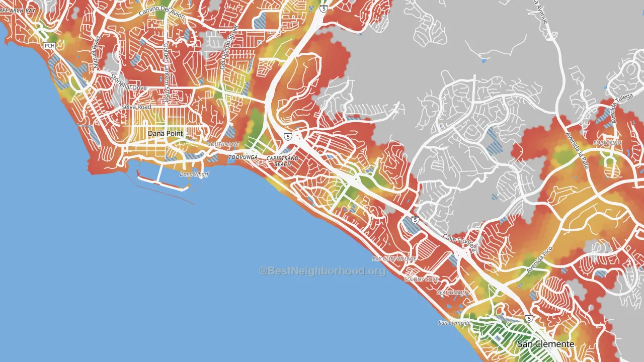 Walk Grade map of Capistrano Beach, CA, walkable areas in green and car-dependent areas in red