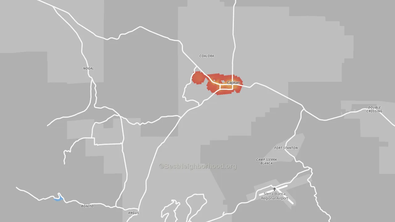 Walk Grade map of Capitan, NM, walkable areas in green and car-dependent areas in red