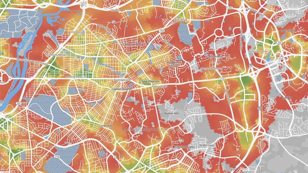 Walk Grade map of Capitol Heights, MD, walkable areas in green and car-dependent areas in red