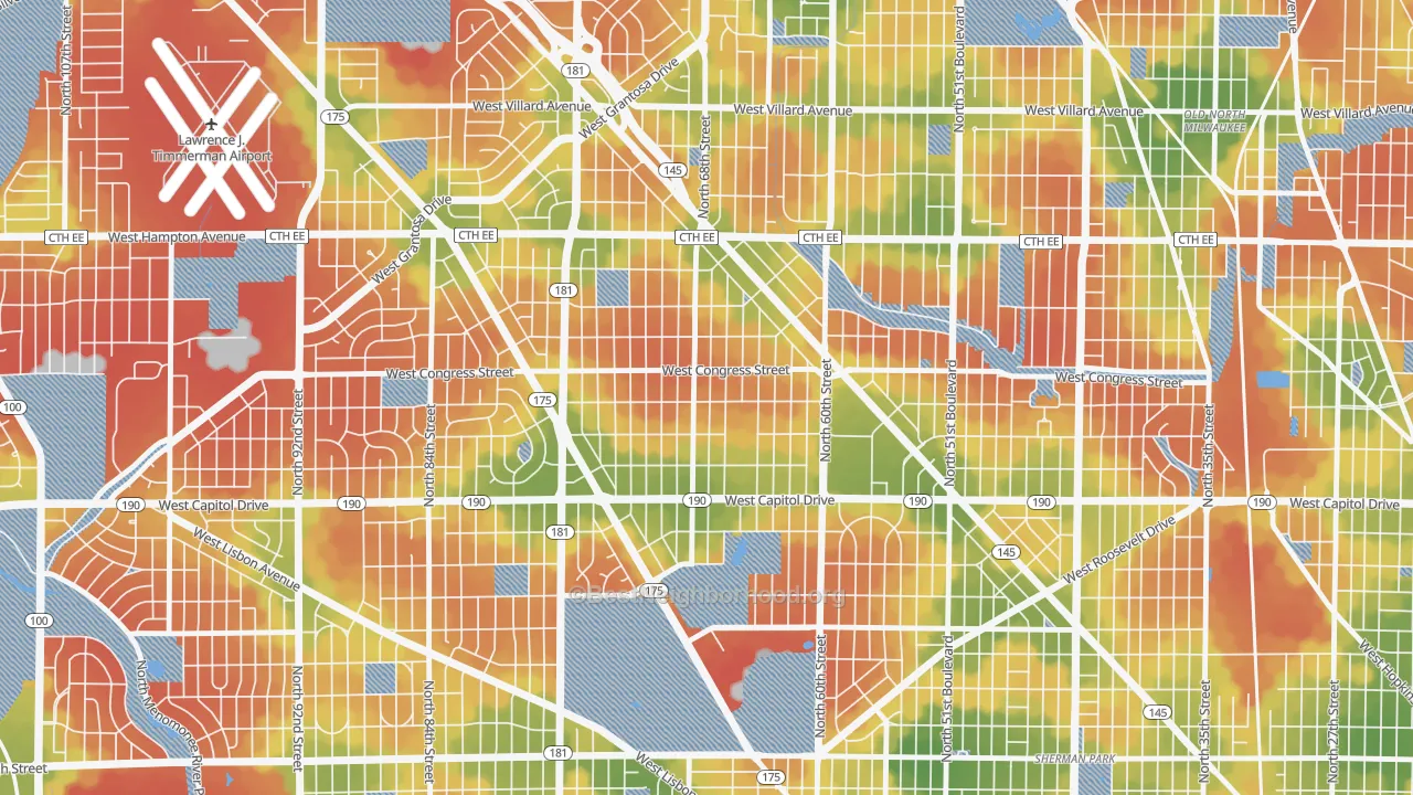 Walk Grade map of Capitol Heights, Milwaukee, WI, walkable areas in green and car-dependent areas in red