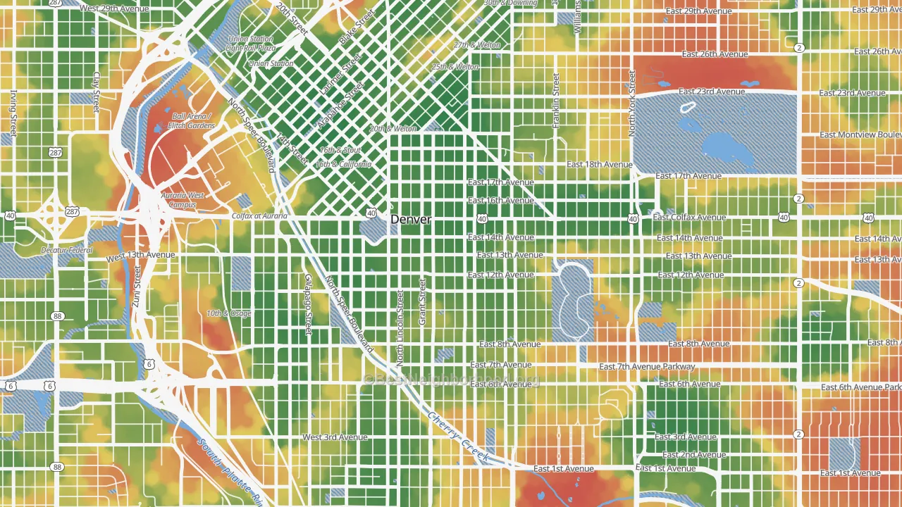 Walk Grade map of Capitol Hill, Denver, CO, walkable areas in green and car-dependent areas in red