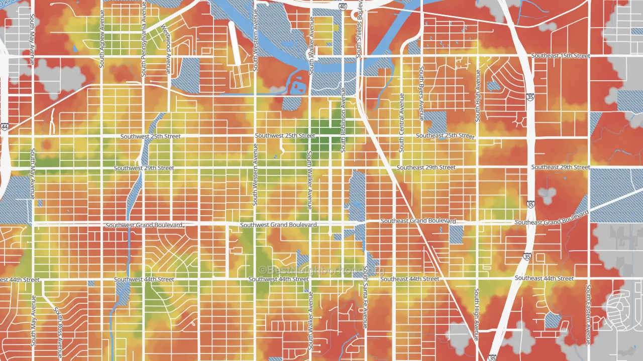 Walk Grade map of Capitol Hill, Oklahoma City, OK, walkable areas in green and car-dependent areas in red