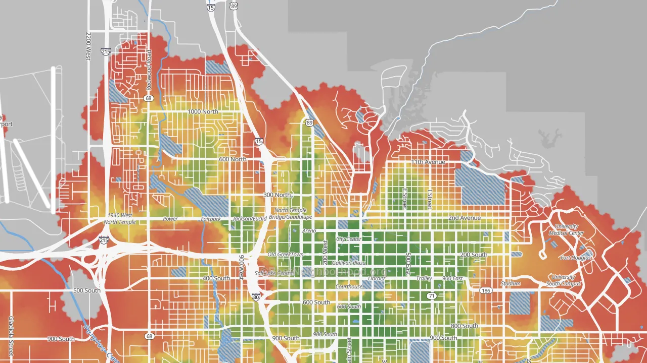 Walk Grade map of Capitol Hill, Salt Lake City, UT, walkable areas in green and car-dependent areas in red
