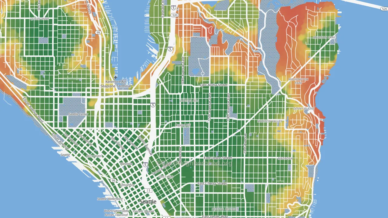 Walk Grade map of Capitol Hill, Seattle, WA, walkable areas in green and car-dependent areas in red