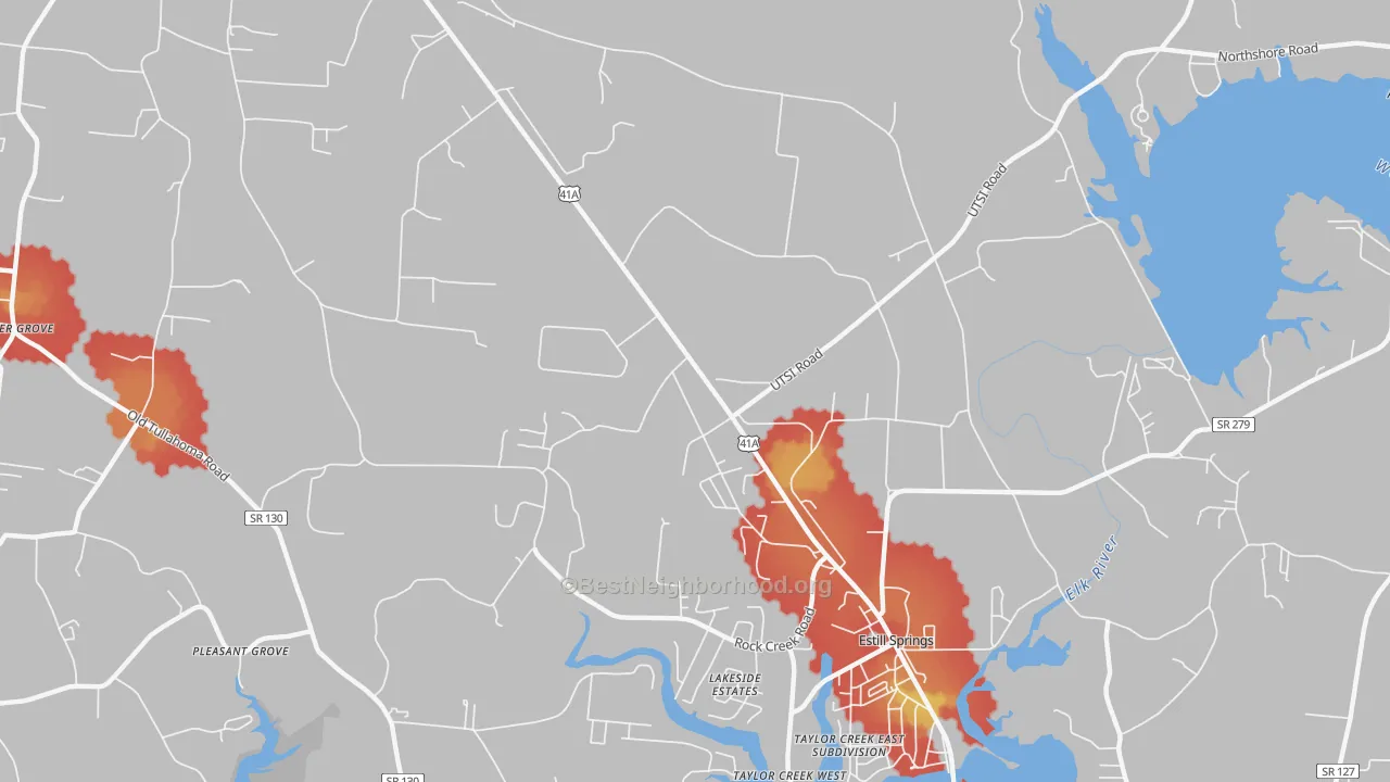 Walk Grade map of Capitol Hill, TN, walkable areas in green and car-dependent areas in red