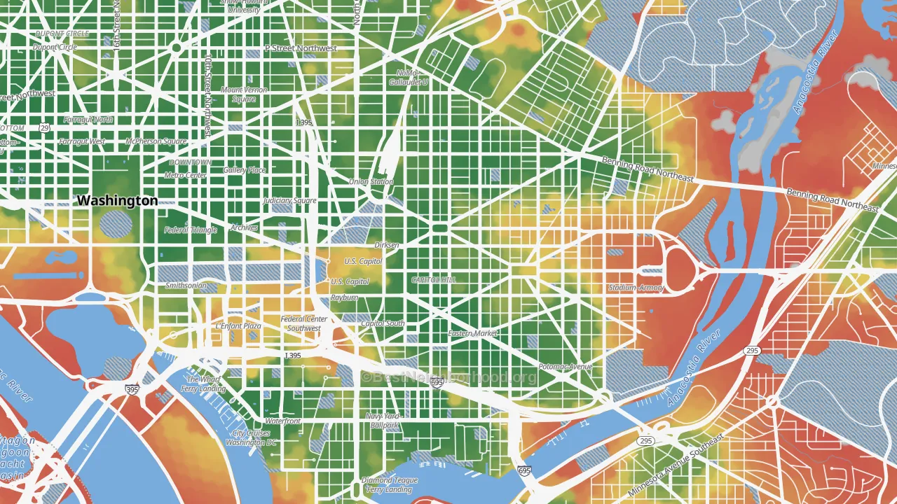 Walk Grade map of Capitol Hill, Washington, DC, walkable areas in green and car-dependent areas in red