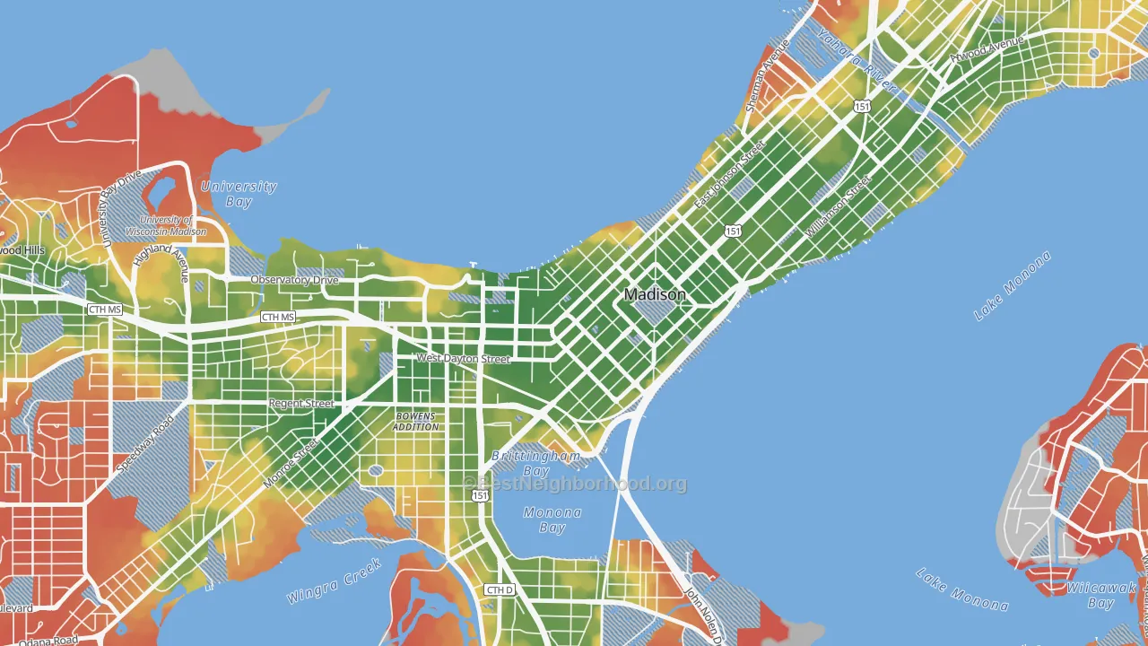 Walk Grade map of Capitol, Madison, WI, walkable areas in green and car-dependent areas in red