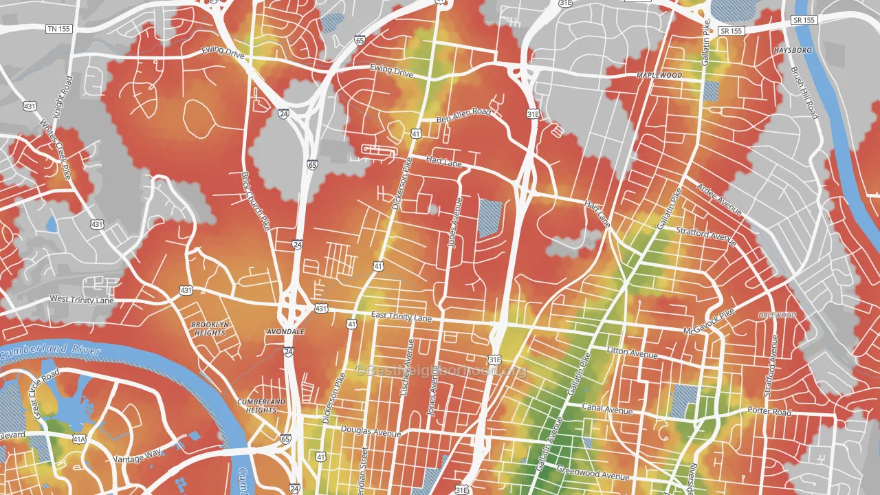 Walk Grade map of Capitol View, Nashville, TN, walkable areas in green and car-dependent areas in red