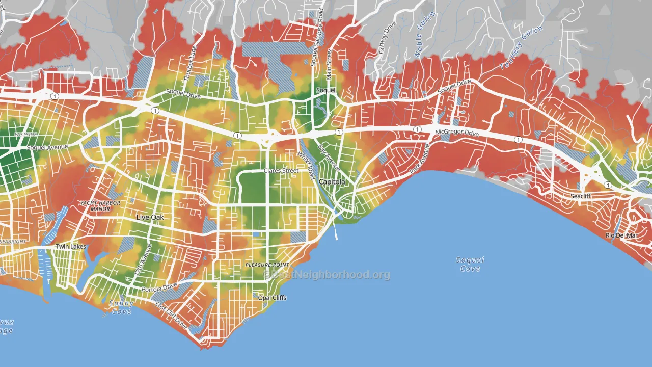 Walk Grade map of Capitola, CA, walkable areas in green and car-dependent areas in red