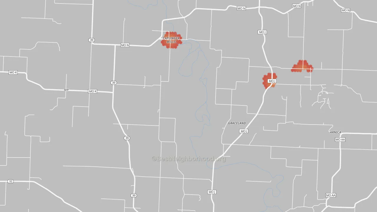 Walk Grade map of Caplinger Mills, MO, walkable areas in green and car-dependent areas in red