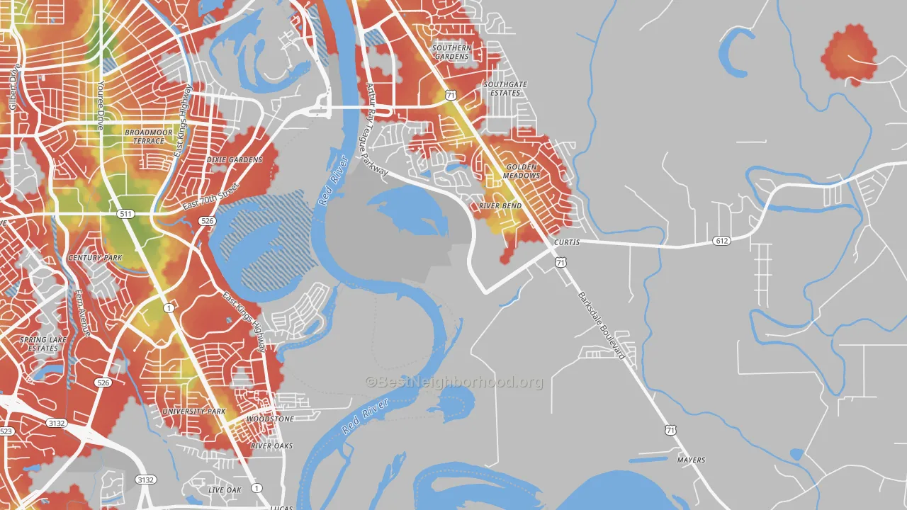 Walk Grade map of Caplis, LA, walkable areas in green and car-dependent areas in red