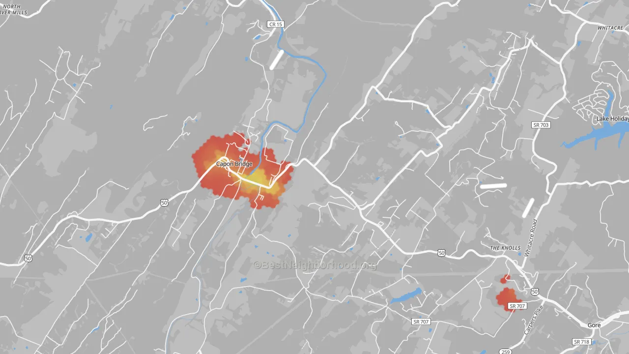 Walk Grade map of Capon Bridge, WV, walkable areas in green and car-dependent areas in red