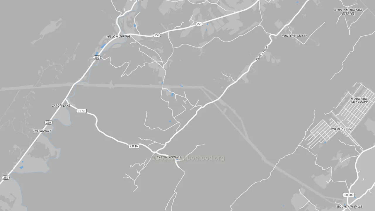 Walk Grade map of Capon Springs, WV, walkable areas in green and car-dependent areas in red