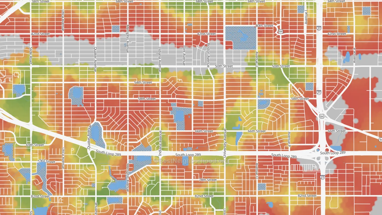 Walk Grade map of Caprock, Lubbock, TX, walkable areas in green and car-dependent areas in red
