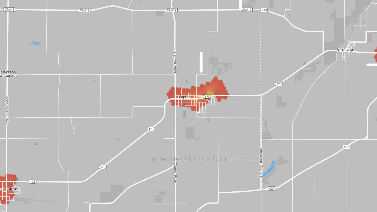Walk Grade map of Capron, IL, walkable areas in green and car-dependent areas in red