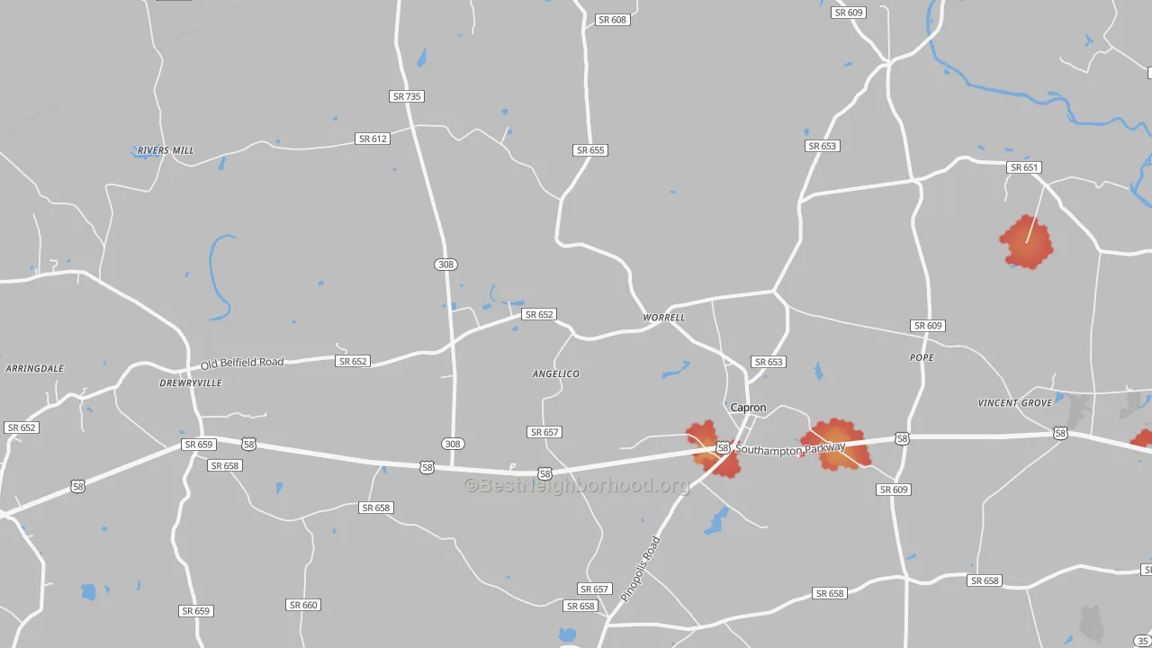 Walk Grade map of Capron, VA, walkable areas in green and car-dependent areas in red