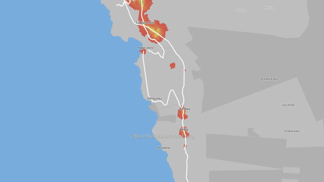 Walk Grade map of Captain Cook, HI, walkable areas in green and car-dependent areas in red
