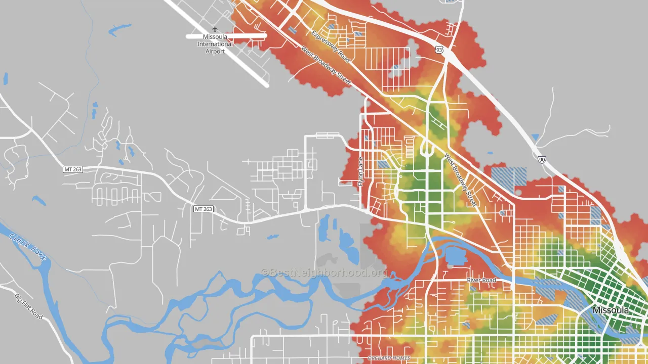 Walk Grade map of Captain John Mullan, Missoula, MT, walkable areas in green and car-dependent areas in red