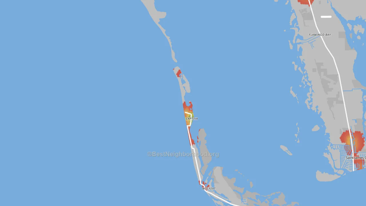 Walk Grade map of Captiva, FL, walkable areas in green and car-dependent areas in red