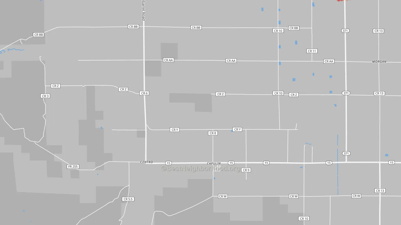 Walk Grade map of Capulin, CO, walkable areas in green and car-dependent areas in red