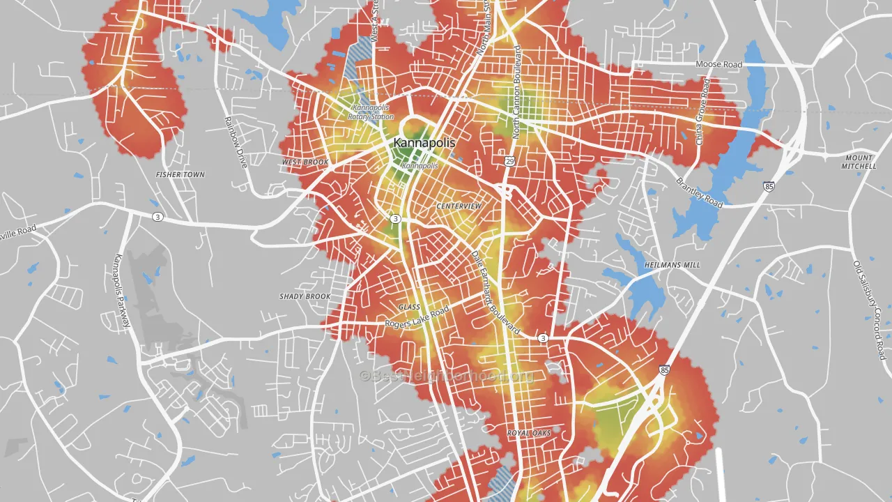 Walk Grade map of Car Town, Kannapolis, NC, walkable areas in green and car-dependent areas in red