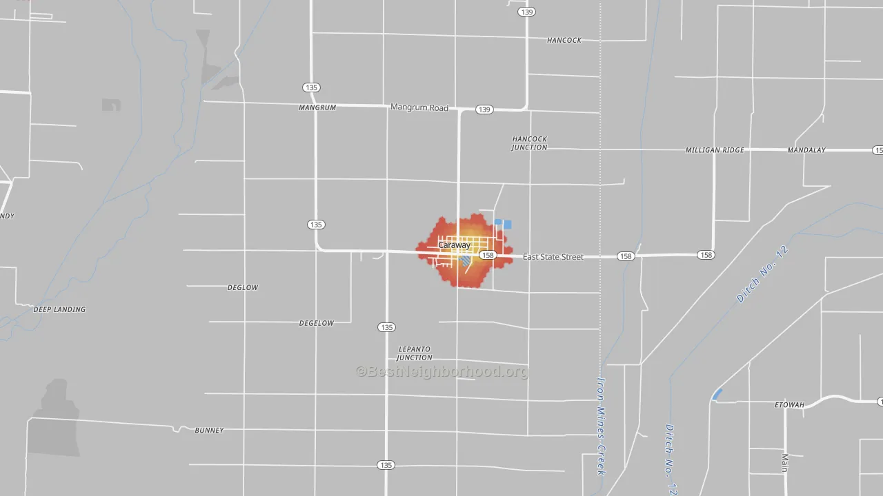 Walk Grade map of Caraway, AR, walkable areas in green and car-dependent areas in red