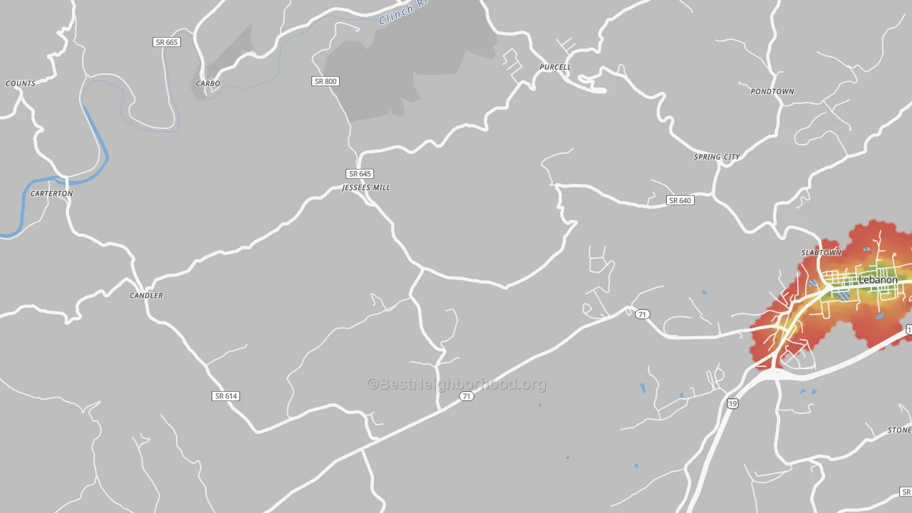 Walk Grade map of Carbo, VA, walkable areas in green and car-dependent areas in red