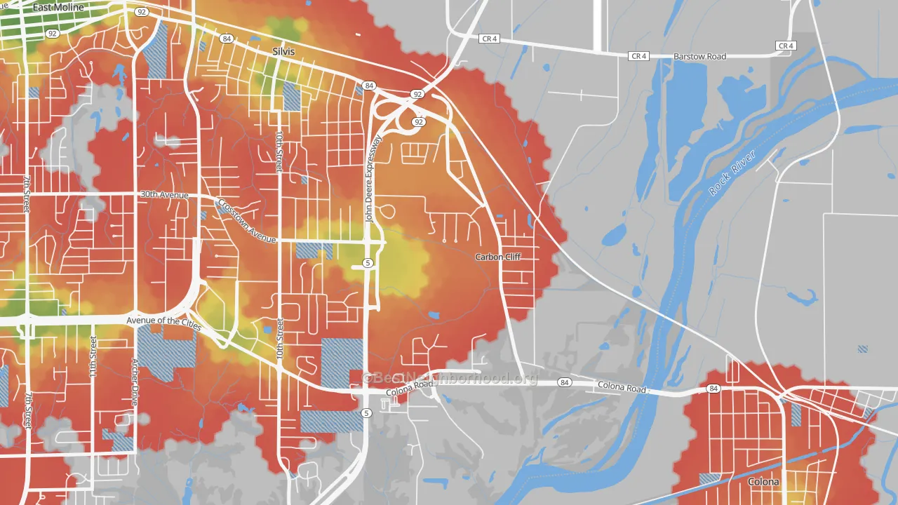 Walk Grade map of Carbon Cliff, IL, walkable areas in green and car-dependent areas in red
