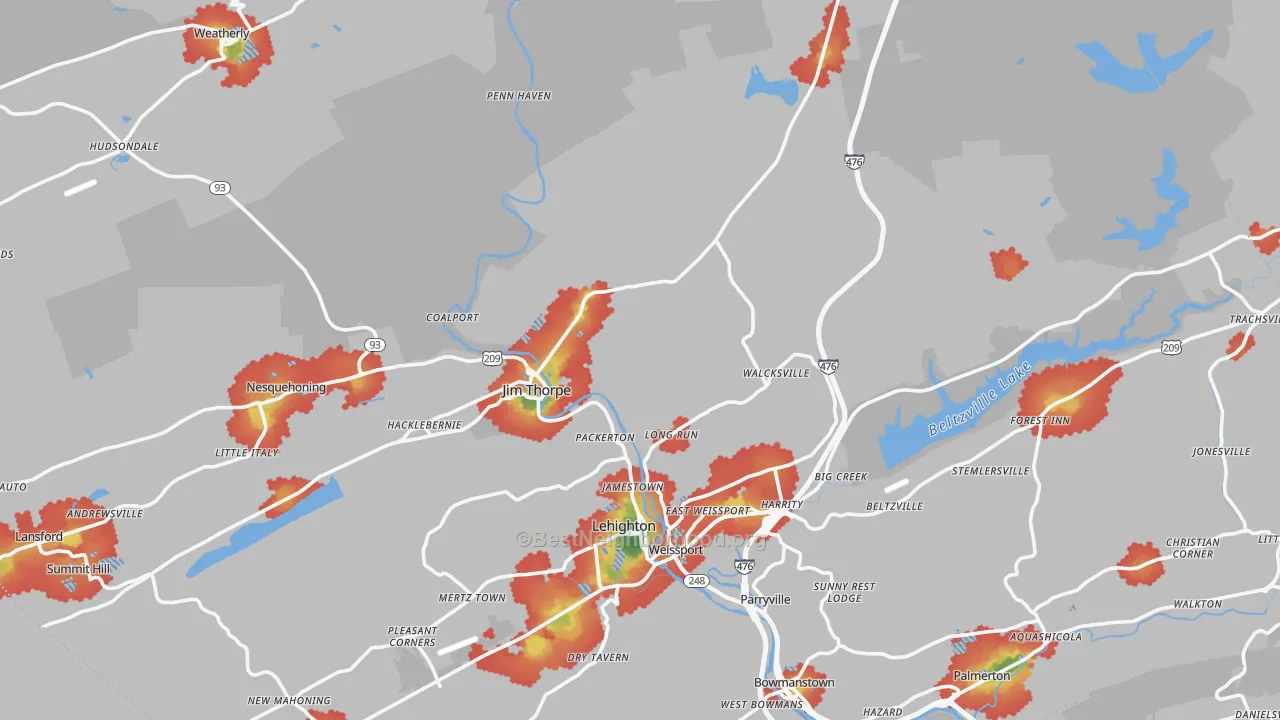 Walk Grade map of Carbon County, PA, walkable areas in green and car-dependent areas in red