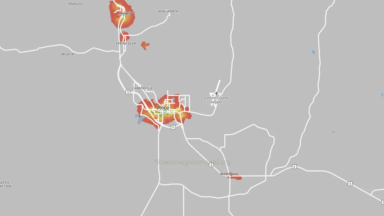 Walk Grade map of Carbon County, UT, walkable areas in green and car-dependent areas in red
