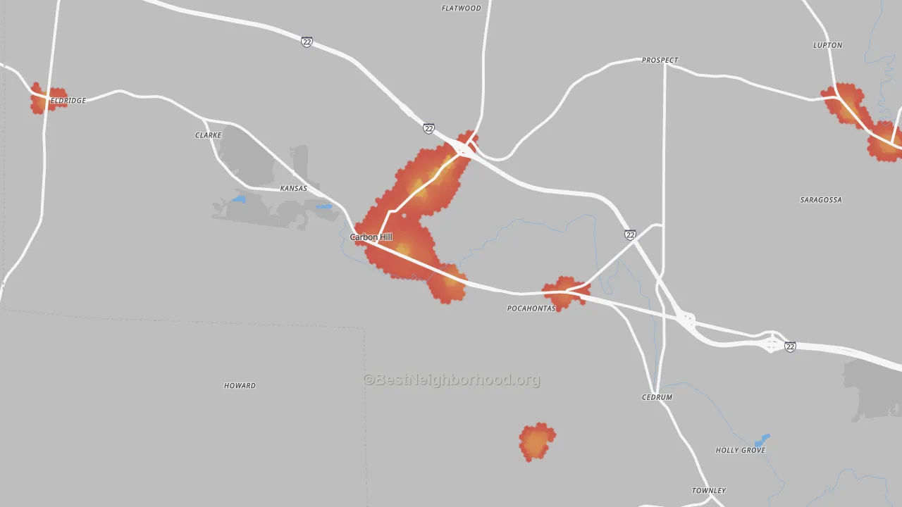 Walk Grade map of Carbon Hill, AL, walkable areas in green and car-dependent areas in red