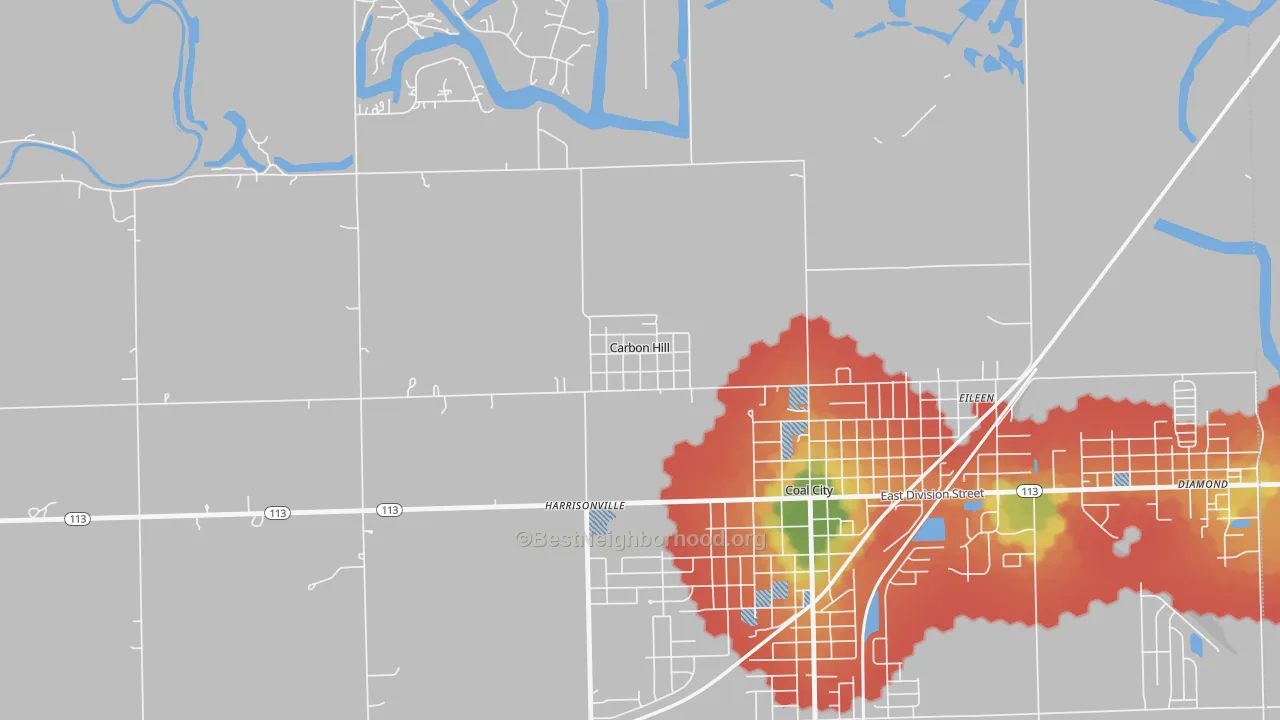Walk Grade map of Carbon Hill, IL, walkable areas in green and car-dependent areas in red