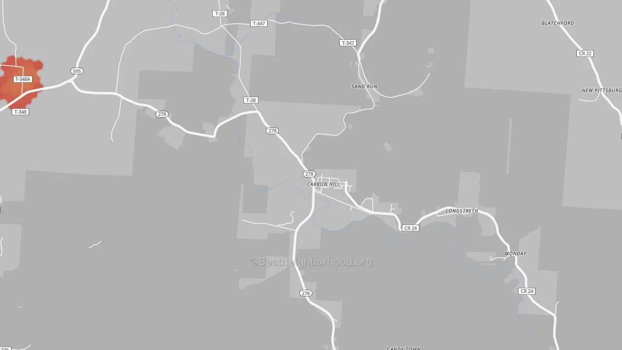 Walk Grade map of Carbon Hill, OH, walkable areas in green and car-dependent areas in red