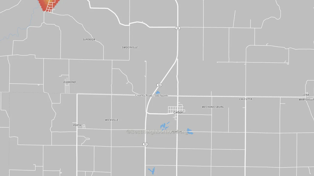 Walk Grade map of Carbon, IN, walkable areas in green and car-dependent areas in red