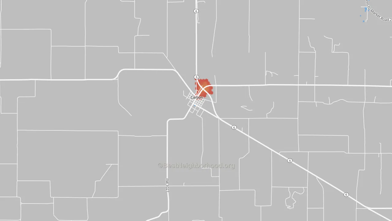 Walk Grade map of Carbon, TX, walkable areas in green and car-dependent areas in red