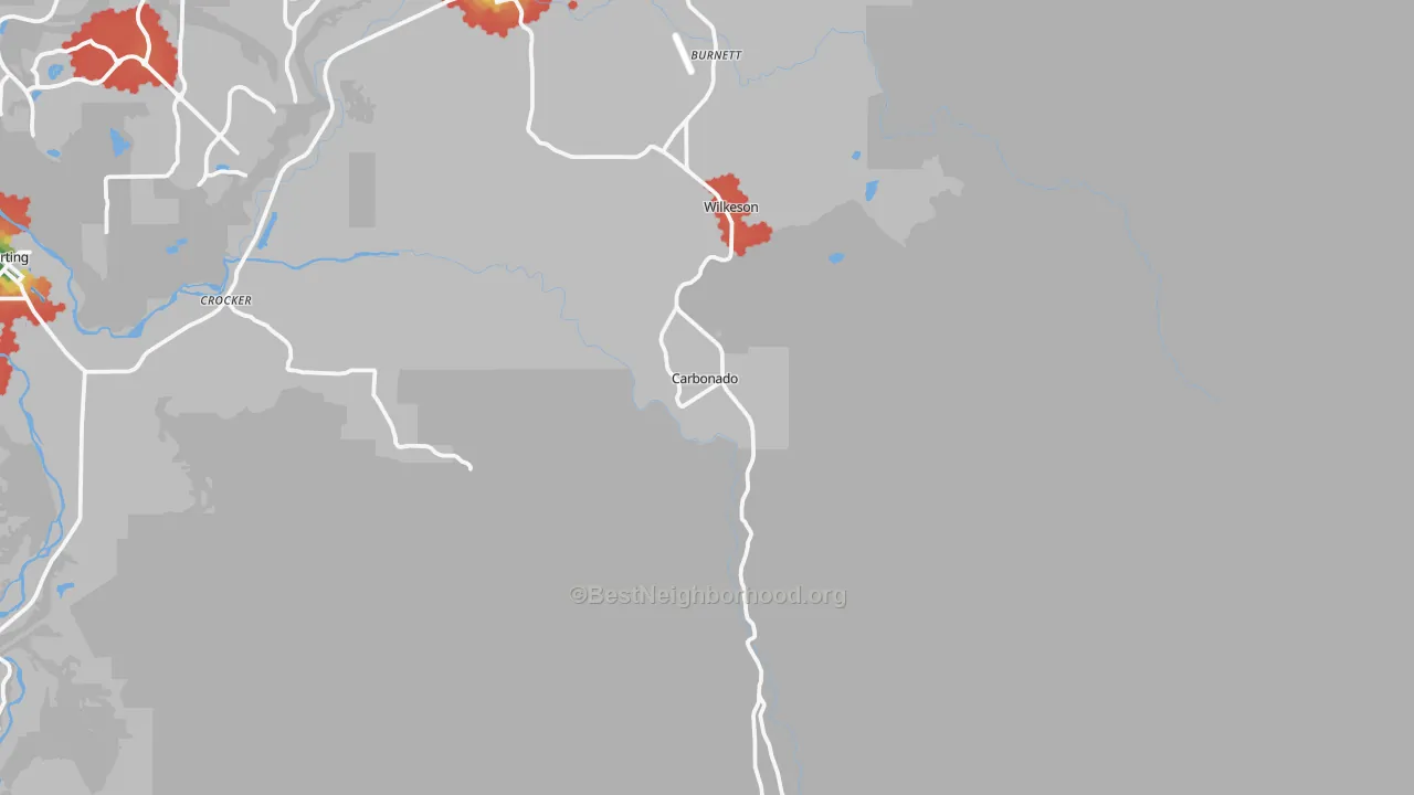 Walk Grade map of Carbonado, WA, walkable areas in green and car-dependent areas in red