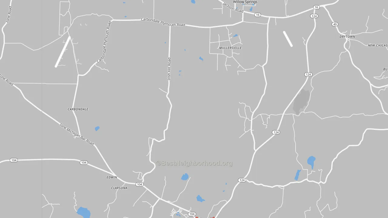 Walk Grade map of Carbondale, CA, walkable areas in green and car-dependent areas in red