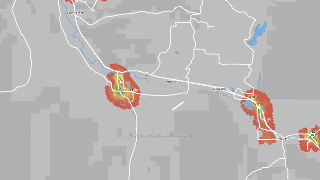 Walk Grade map of Carbondale, CO, walkable areas in green and car-dependent areas in red