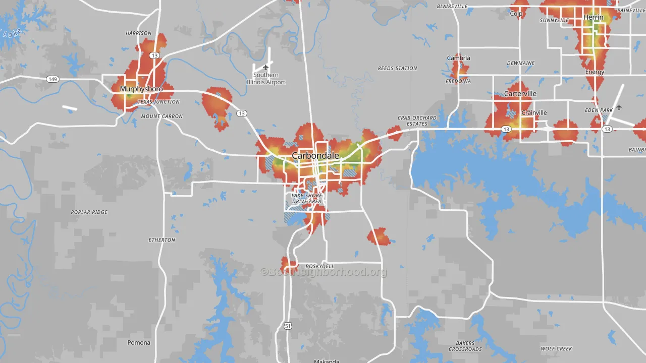 Walk Grade map of Carbondale, IL, walkable areas in green and car-dependent areas in red