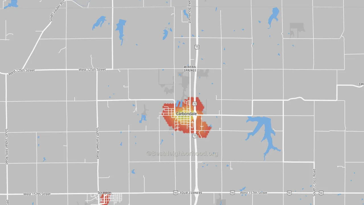 Walk Grade map of Carbondale, KS, walkable areas in green and car-dependent areas in red