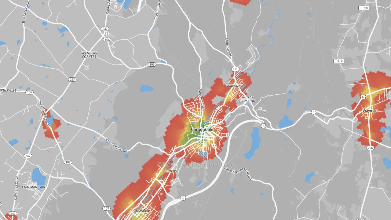 Walk Grade map of Carbondale, PA, walkable areas in green and car-dependent areas in red