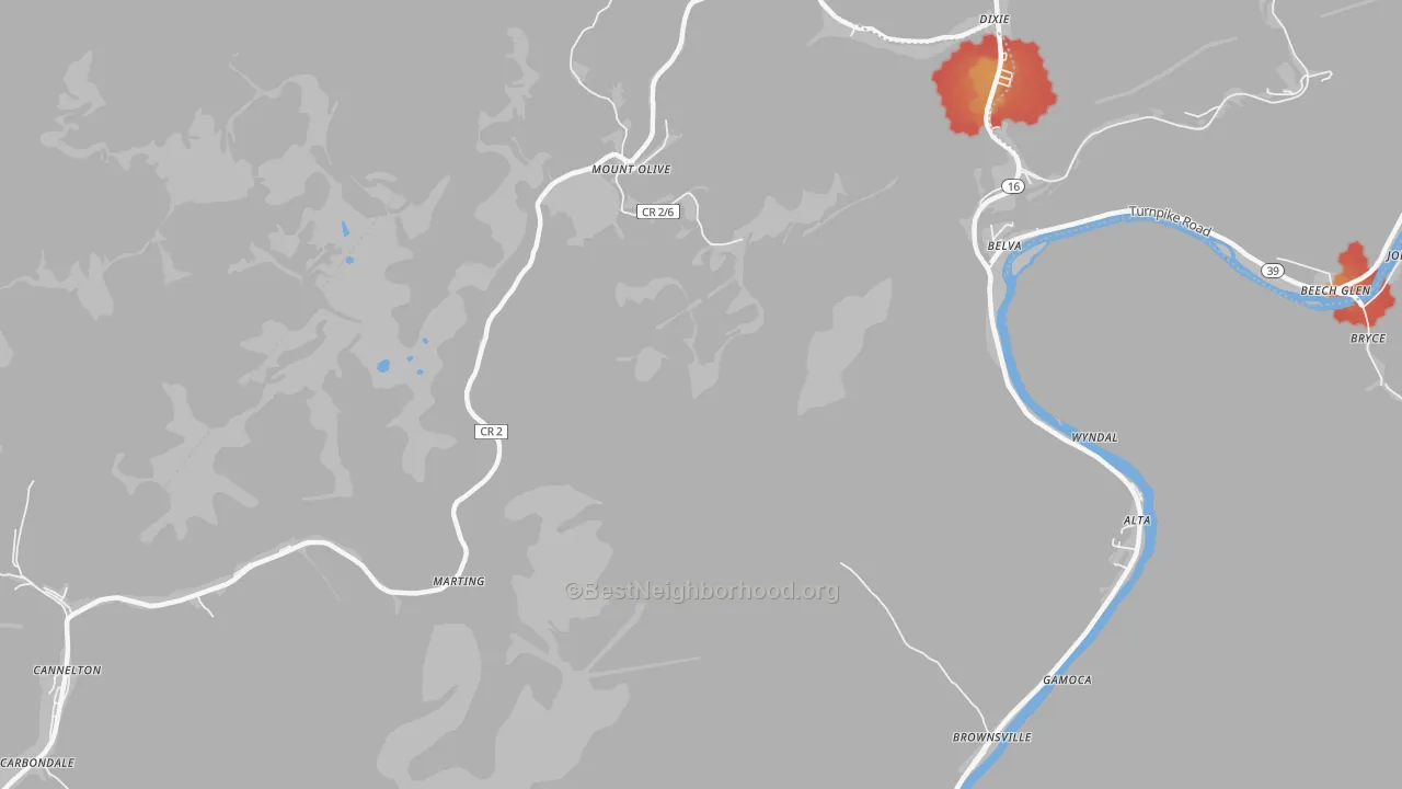 Walk Grade map of Carbondale, WV, walkable areas in green and car-dependent areas in red