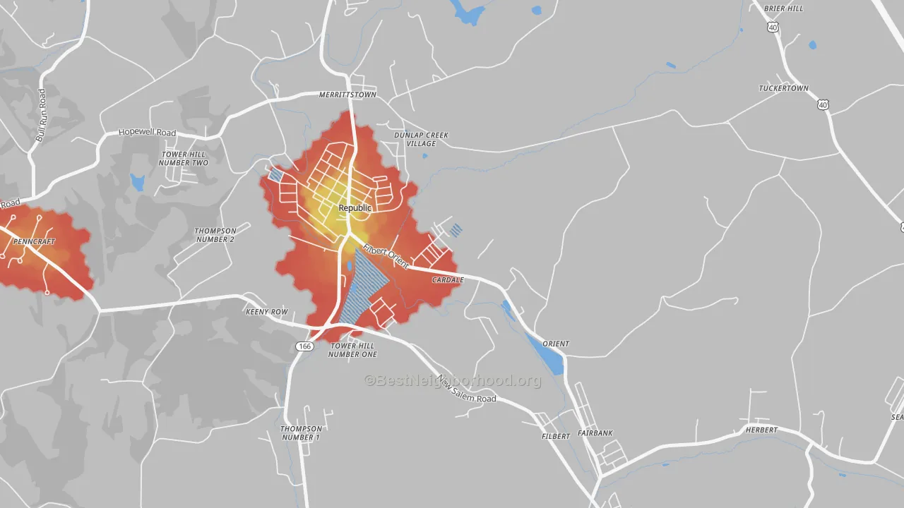 Walk Grade map of Cardale, PA, walkable areas in green and car-dependent areas in red