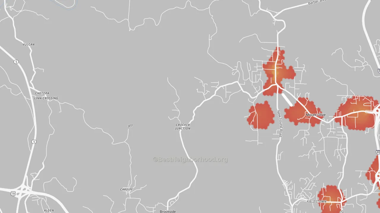 Walk Grade map of Cardiff, AL, walkable areas in green and car-dependent areas in red