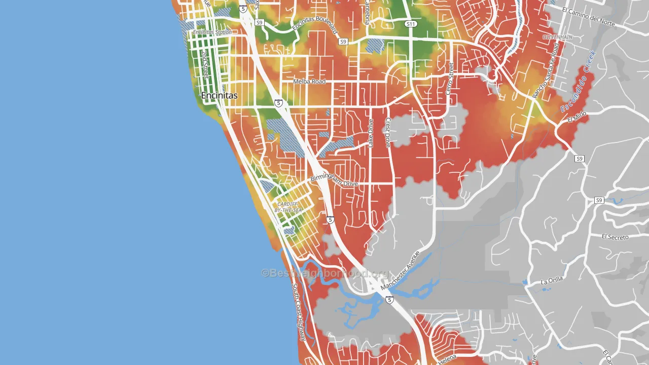 Walk Grade map of Cardiff By The Sea, CA, walkable areas in green and car-dependent areas in red