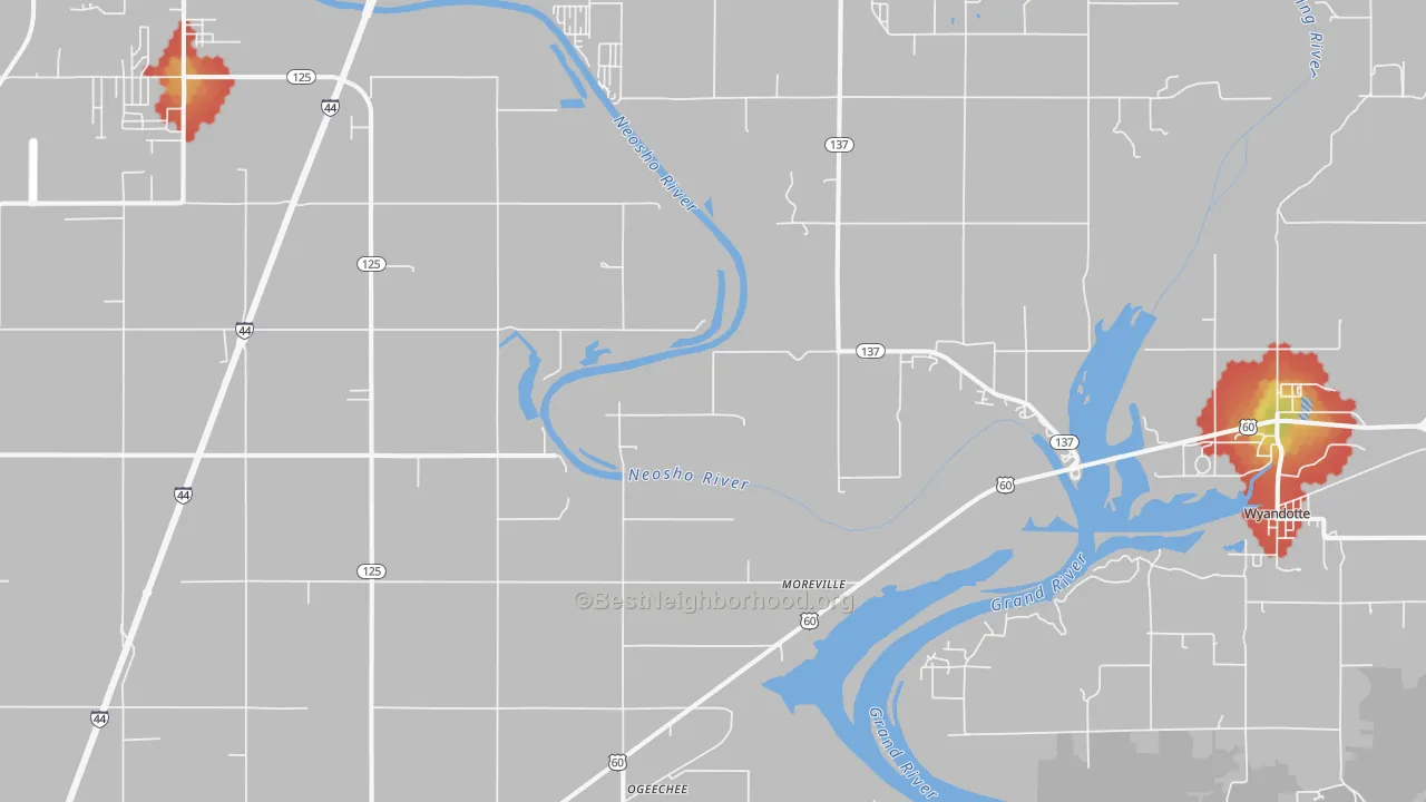 Walk Grade map of Cardin, OK, walkable areas in green and car-dependent areas in red