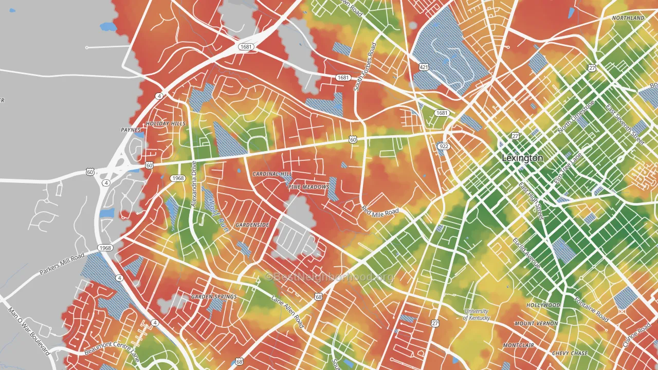 Walk Grade map of Cardinal Hill-Pine Meadow, Lexington, KY, walkable areas in green and car-dependent areas in red