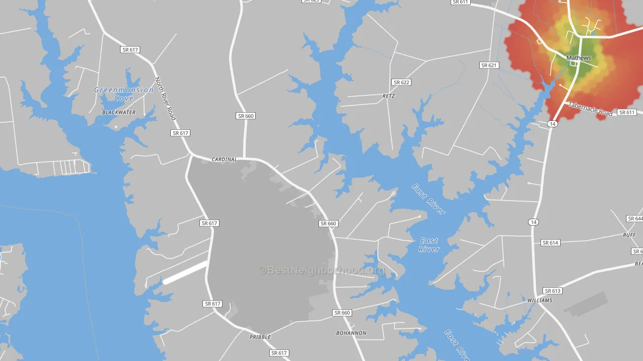 Walk Grade map of Cardinal, VA, walkable areas in green and car-dependent areas in red